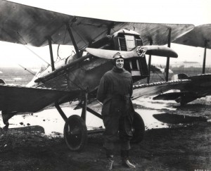 Maj Horace M. Hickam at Bolling Field air tournament with an SE-5 in background, 1920.