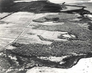 Aerial view of Hickam Field before construction, May 28, 1936. Originally known as Tracks A&B this property was acquired on April 3, 1935 at a cost of $1,095,54.78 from the Bishop, Damon & Queen Emma Estates. The area was 2,225.46 acres. 