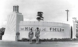 One of the concrete portals flanking Hickam Field's main gate, February 21, 1938. This is believed to be a replica of portals at Kitty Hawk where the Wright Brouthers made their historic flight. 