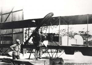 Signal Corps aircraft No. 21 arrived on Oahu July 11, 1913. Individual on float is believed to be Army Lt. Harold E. Geiger.    