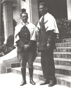 Army Pilot Lt. Lester F. Maitland & Lt Albert F. Hegenberger completed the first flight to Hawaii on June 29, 1927. The 26 hour flight from Oakland to Wheeler Field, Oahu was in an Army tri-motor Fokker monoplane. They wear the feather capes of royalty on the steps of the Royal Hawaiian Hotel.  