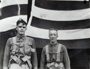 The first military man to parachute from a balloon in Hawaii was Army Lt. Ben Cassiday (left). He is pictured with Capt. R. Hoyt. A member of 3rd Balloon Company, Lt. Cassiday parachuted from the balloon during military review on October 22, 1921. He retired as a Colonel in Hawaii.  