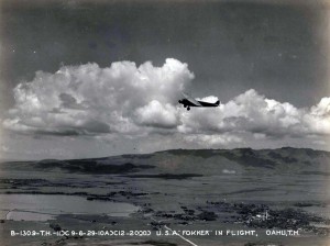 U.S. Army Fokker in flight over Oahu 1929.     