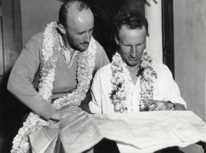 Capt. P. G. Taylor and Charles Kingsford Smith with flight chart for their trans-Pacific flight from Fiji to Wheeler Field, Oahu, October 29, 1934. 