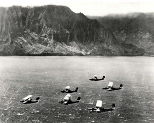 Navy Patrol Bombers c1930s skirting Molokai's rugged coastline.