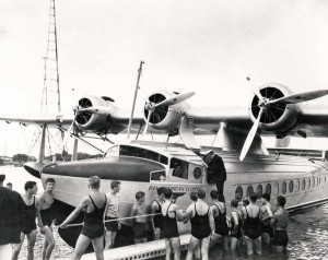 Commercial air service to Hawaii was inaugurated on April 20, 1935 with the arrival of Pan American Airways Clipper ship Pioneer Clipper at Pearl Harbor. Capt. Edwin C. Musick steps aground after piloting the plane on its epochal 18-hour flight from California.  