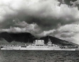 Aircraft carrier USS Lexington anchored off Lahaina, Maui to refuel, June 1, 1935.  