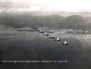 U.S. Army Air Corps, 72nd Bombardment Squadron formation over Honolulu Harbor February 26, 1932.   