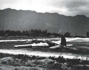 One of 12 B-1s from U.S. Mainland to Hawaii unable to land at Hickam Field due to Japanese attack, made a belly landing on the short fighter airstrip at Bellows Field, on December 7, 1941. 