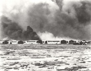 Hangar row after bombing of Hickam Field December 7, 1941 as viewed from the flight line.   