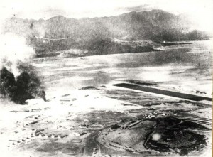 Japanese photograph of runway at Kaneohe Naval Air Station under attack on December 7, 1941. 