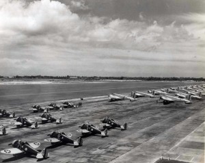 P-26 aircraft of the 18th Pursuit Group and B-18 bombers of the 5th Bombardment Group on ramp at Hickam Field, 1940. 