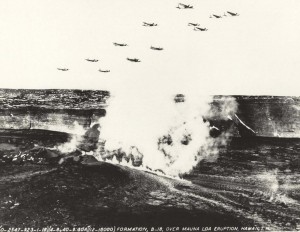 Army Air Corps B-18 bombers fly over Mauna Loa eruption, 1942. No bombs were dropped. In 1935 and 1942 aircraft of the 23rd and 72nd Bombardment Squadron bombed lava flows threating Hilo. 