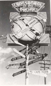 Cross Roads of Pacific sign at Kau Kau Korner restaurant, Honolulu, 1940s. 