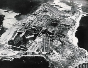 Naval Air Station Kaneohe, January 1945. Note fish ponds prior to new access road. 