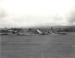 Wrecked P-40s on Wheeler Field flight line, December 7, 1941.   