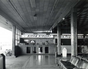 Aloha Airlines ticket lobby at Honolulu International Airport, 1950s. 