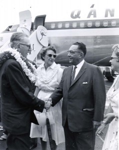 Governor William Quinn welcomes the first 707 jet flight into Honolulu International Airport by Qantas, July 31, 1959.  