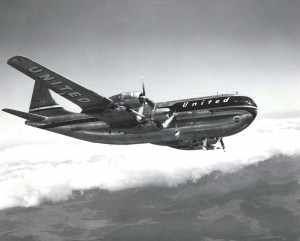 United Airlines in flight over Honolulu, 1950s. 