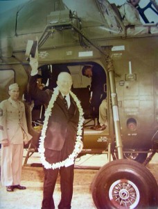 President Dwight D. Eisenhower disembarking from a helicopter at Naval Air Station Kaneohe, 1950s.