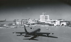 Artist's drawing of new Honolulu International Airport Building and airfield, 1960s.