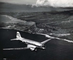 Hawaiian Airlines flies over Koko Head, 1962.  