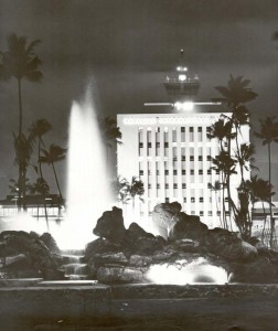 Lighted fountain at Honolulu International Airport with Administration Tower in background, 1966.