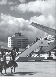 Hula girls welcomed United Airlines' first DC-8 Mainliner, 1960s.  