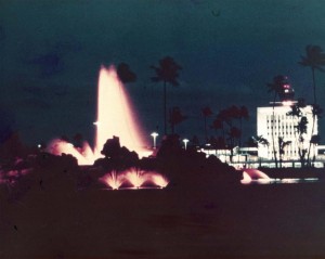 Fountain on entry road to Honolulu International Airport, 1970s.