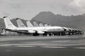KC-135s on flight line at Hickam Air Force Base, 1970s.  