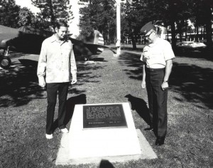 Dick Rodby, President, Kemoo Farms, and Col. Gerald P. Alexander, Wheeler Air Force Base Commander, look at plaque commemorating the 50th anniversary of the first Army Air Corps flight by 1st Lieutenants Maitland and Hegenberger from California to Hawaii on June 29, 1927. 