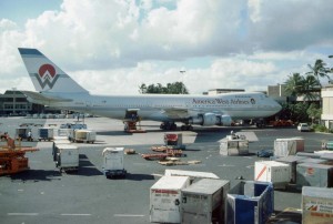 America West Airlines at Honolulu International Airport, 1989.