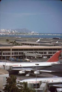 Diamond Head Concourse, Honolulu International Airport, 1987. Diamond Head is in the background.
