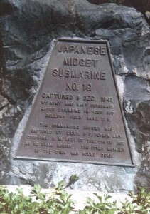 Memorial Plaque at Beach Club, Bellows Air Force Base, October 1988, commemorating the capture of Japanese midget submarine No. 9 on December 7, 1941.  