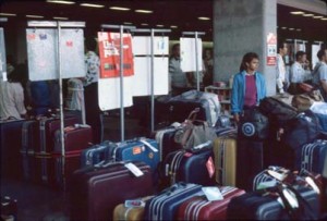 Group Tour area, outside of International Arrivals Building, Honolulu International Airport, 1990s.  