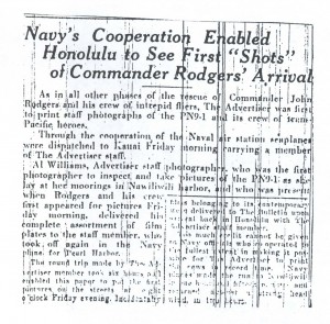 Navy's Cooperation, Enabled Honolulu to See First Shots of Commander Rodgers' Arrival, 9-13-1925