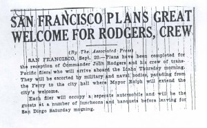 San Francisco Plans Great Welcome for Rodgers, Crew, 9-21-1925