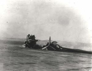 B-18 wreckage on Hickam Field flight line, December 7, 1941.