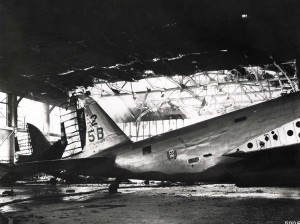 Plane was damaged inside hangar at Hickam Field, December 7, 1941.