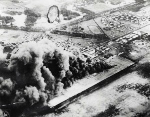 This photo by a Japanese pilot shows Wheeler aircraft and other facilities in flames. During attack 37 men at Wheeler lost their lives, six were reported missing and 53 were wounded, December 7, 1941.
