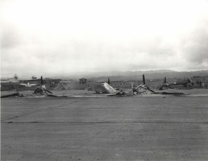 Wrecked P-40s on Wheeler Field flight line, December 7, 1941.