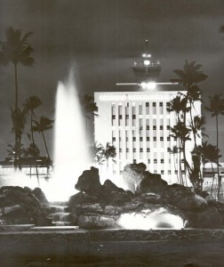 Night view of Arthur Godfrey Fountain in the 1960s
