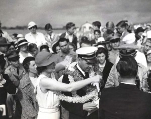 Pan Am pilot being honored with a Hawaiian lei