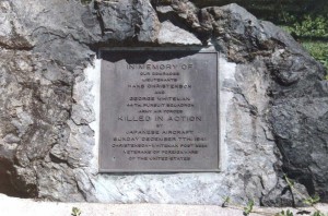 Memorial Plaque at Beach Club, Bellows Air Force Base, October 1988, commemorating the capture of Japanese midget submarine No. 9 on December 7, 1941.