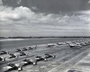 P-26 aircraft of the 18th Pursuit Group and B-18 bombers of the 5th Bombardment Group on ramp at Hickam Field, 1940.