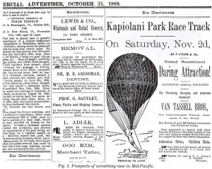 Advertisement for a balloon flight on Oahu by the Van Tassell Brothers on November 2, 1889.    
