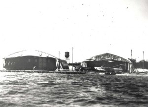 Hangar at Combined Services Flying Field (designated Luke Field in 1919), home of the 4th and 6th Aero Squadrons. Plane is Navy HS-2L Curtiss flying boat.     