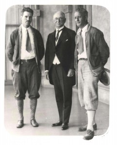 Emory Bronte and Ernest Smith pose with Territorial Governor Wallace R. Farrington following their historical flight, July 15, 1927. They were later honored with Charles Lindbergh, Lester Maitland and Albert Hegenberger and other famous flyers of the U.S. for their feat and contribution to the development of aviation.  