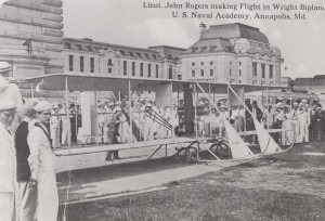 Lt. John Rodgers making a flight in a Wright biplane at the Naval Academy, Annapolis, Maryland, 1912.