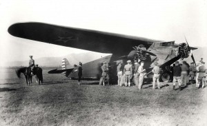 Pilot Lt. Lester F. Maitland & Lt Albert F. Hegenberger completed the first flight to Hawaii on June 29, 1927. The 26 hour flight from Oakland to Wheeler Field, Oahu was in an Army tri-motor Fokker monoplane. Mounted police guard the plane after the flight.  